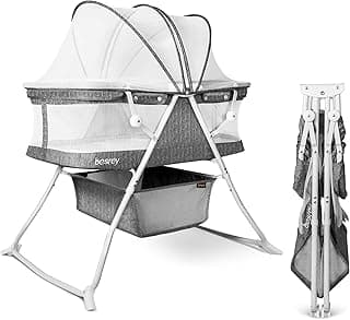 besrey Bassinet for Baby, 3 in 1 Portable Baby Bassinets Bed, Easy Folding Bedside Sleeper Crib, Quick-Fold for Newborn Infant, Compact Storage, Mattress and Mosquito Net Included