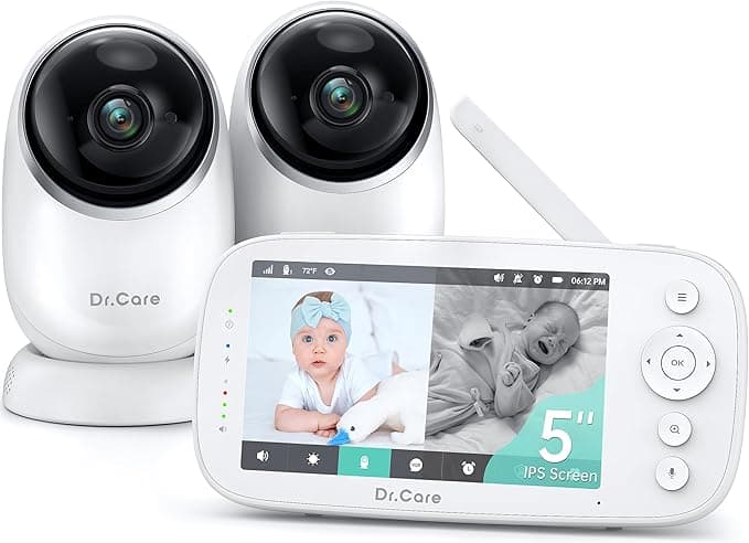 Dr.Care NovaView Video Baby Monitor with 2 Cameras - 5" 1080P Split Screen Display, 5000mAh Battery, Night Vision, Real-Time/VOX,Pan & Tilt, 1000ft Range, 2-Way Audio, No WiFi（2 Cameras + 1 Monitor）