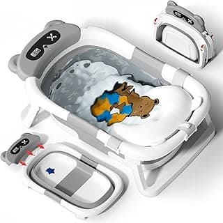 AVIDOR Baby Bathtub, Collapsible Baby Bathtub for Newborn to Toddler, Foldable Newborn Bathtub, Portable Infant Bath Tub for Travel with Soft Cushion, Non Slip Feet, Bear Grey