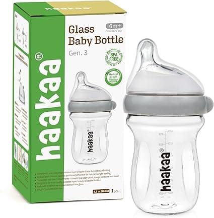 haakaa Gen.3 Natural Glass Baby Bottle - Wide Neck, Anti-Colic Varibale Flow Nipple for 6m+ Breastfed Babies, Newborn Registry Essentials,BPA-Free, 6 oz/180 ml, 1 PK