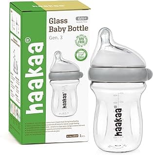haakaa Gen.3 Natural Glass Baby Bottle - Wide Neck, Anti-Colic Varibale Flow Nipple for 6m+ Breastfed Babies, Newborn Registry Essentials,BPA-Free, 6 oz/180 ml, 1 PK