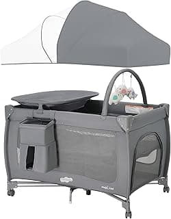 Pamo Babe Pack and Play 1-Second Setup 4-in-1 Portable Crib for Baby with Bassinet, Mosquito Net, Changing Table & Toy Arch