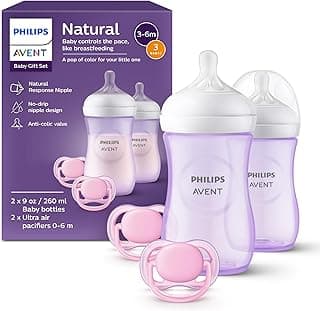 Philips Avent Natural Baby Gift Set, 2x 9oz Bottles with Natural Response Nipples (Medium Flow, Flow 3), 2x Ultra Air Pacifiers, Pink, SCD837/01