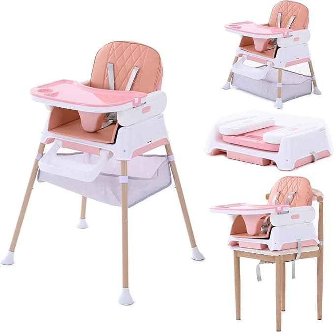 3 in 1 Baby High Chair, Convertible Baby High Chairs for Babies and Toddlers, Hrusitoo Adjustable Compact Infant Feeding Chair (Pink Chair)