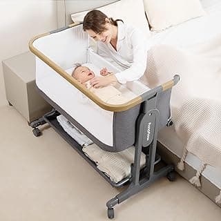 Maydolly 3-in-1 Baby Bassinet Bedside Crib for Newborn & Nursery, T-Shaped Frame Version for Stability, 7-Height Adjustable Sleeper with Breathable Mesh Sides, Storage Basket & Lockable Castors