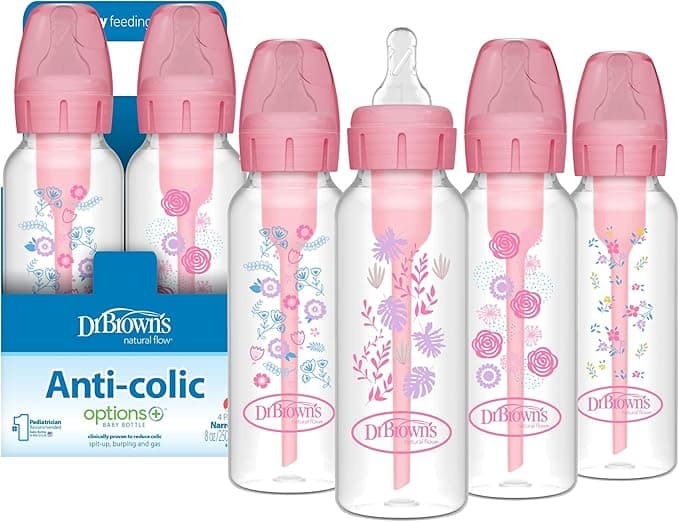 Dr. Brown's Natural Flow Anti-Colic Options+ Narrow Baby Bottle, Pink Floral, 8 oz/250 mL, with Level 1 Slow Flow Nipples, 0m+, 4 Bottles, 4 Units (Pack of 1)