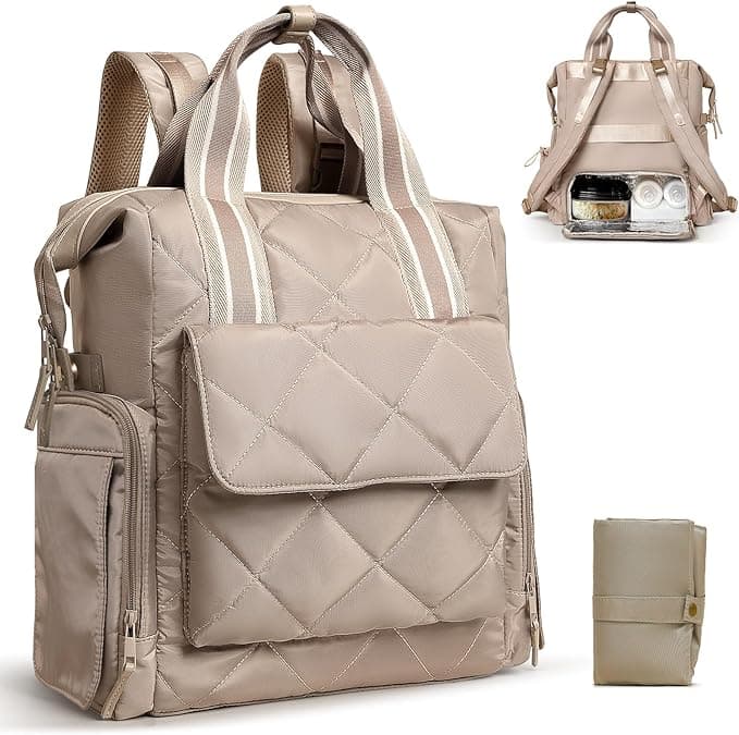 Omanmoli Diaper Bag Backpack Quilted Baby Diaper Bag Lunch Backpack Working Moms with 11 Pouches,Large Insulated Cooler Compartment,Stroller Straps,Changing Pad,Khaki