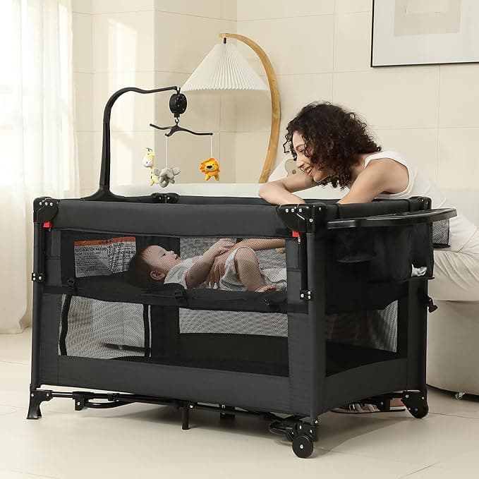 5 in 1 Pack and Play, Baby Bassinet Bedside Sleeper, Baby Playard, Bedside Crib with Changing Table, Foldable Travel Playard for Newborn to Toddles (Black)