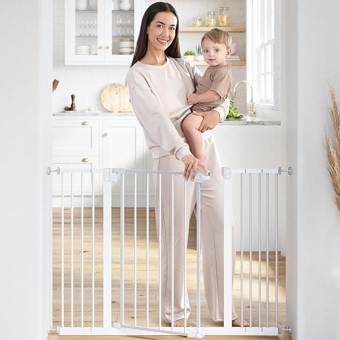Comfy Cubs Adjustable Baby Gate - 3 Extensions 107 x 5 x 76 cm, Multipurpose Q195 Steel Stair Gate - Powder-Coated Stair Barrier, Walk Through Design for Kids & Pets, Fits Staircases - White