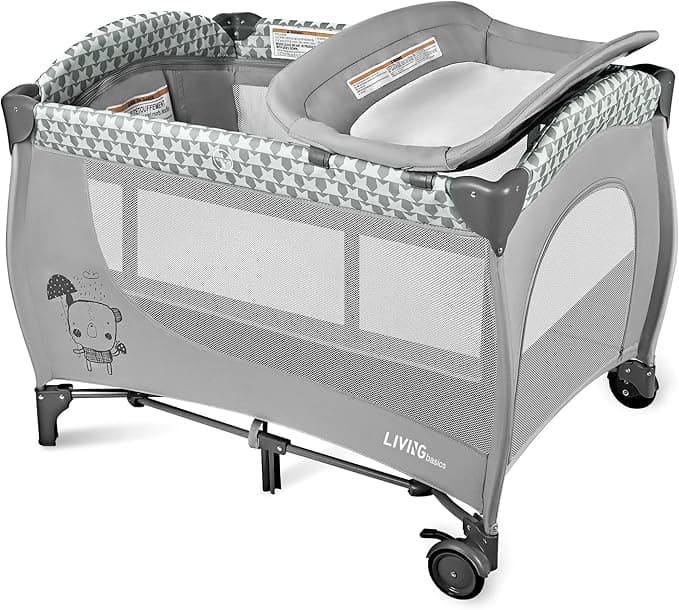 LIVINGbasics 3-in-1 Baby Playard, Foldable Baby Bassinet with Diaper Changing Table for Home/Travel/Outdoor