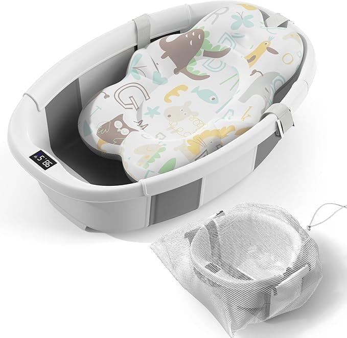 Collapsible Baby Bathtub - Large Baby Bath Tub with Thermometer & Cushion | Travel Portable Newborn Infant Bathtub | Foldable Toddler Bathtub for Baby 0 to 36 Months (Grey)