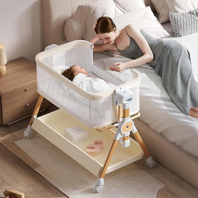 3 in 1 Baby Bassinet,Bedside/Rocking Bassinet for Baby,Bedside Crib with Lockable Wheels,Waterproof Mattress,Adjustable 6 Heights,Portable Baby Bassinets Bedside Sleeper (Beige)