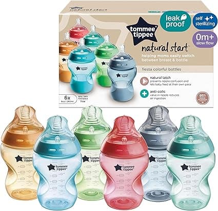 Tommee Tippee Natural Start Anti-Colic 9 oz BPA Free Baby Bottles, 0+ Months, Slow Flow Breast-Like Nipple, Self Sterilizing, Designed for Seamless Transition Between Bottle & Breast, Fiesta,Pack of 6