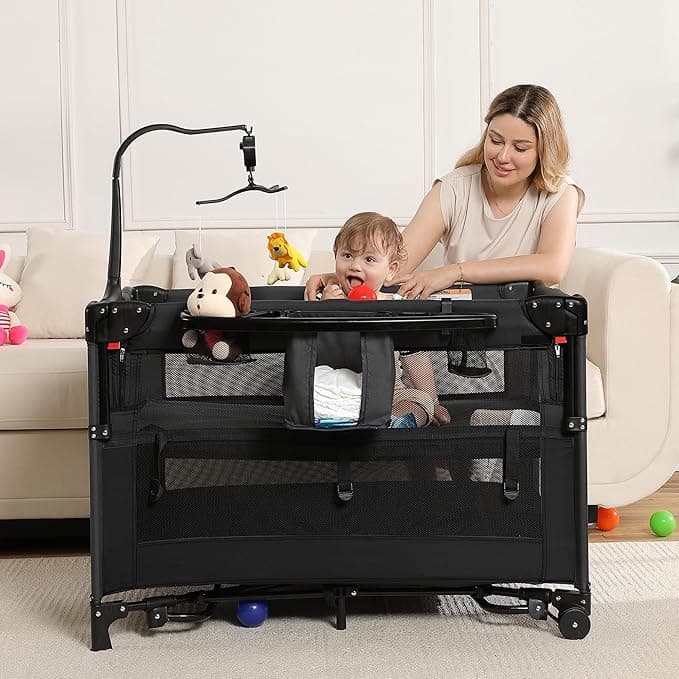 5 in 1 Portable Travel Baby Bassinet, Pack and Play, Foldable Travel Playard Playpen for Toddler, Bedside Crib Sleeper, Diaper Changer Table, Baby Playard for Newborn (Black)