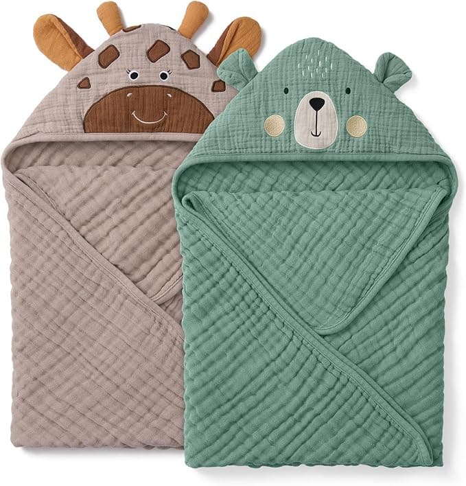 Blissful Diary Muslin Baby Hooded Towel 2 Pack, Soft & Absorbent Bath Towel for Infant, Toddler, Unisex, Baby Gift, Newborn Essentials, Bear & Giraffe