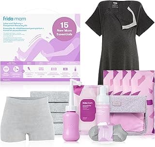 Frida Mom 15pc Labor, Delivery, & Postpartum Kit Gift Set for Baby Showers & Mom to Be, Includes Peri Bottle, Nursing Gown, Disposable Underwear, Ice Maxi Pads, Pad Liners, Perineal Foam, Socks & Toiletry Bag