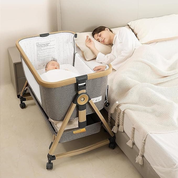 Maydolly 3-in-1 Baby Bassinet Bedside Crib, 6-Height Adjustable Bedside Sleeper with Airflow Mesh, Storage Basket & Lockable Castors, Upgraded Trapezoidal Cradle for Newborns