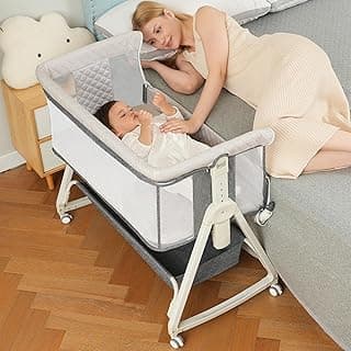 Baby Bassinet, Bedside Sleeper for Baby with Wheels and Storage Basket,All Mesh Portable Bassinet for Newborn,6 Height Adjustable Easy to Assemble Bedside Crib (Upgrade Grey)
