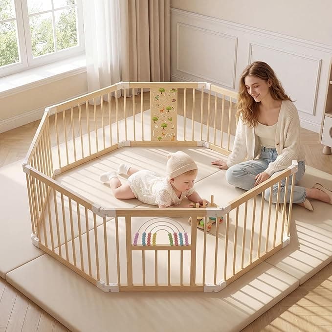 BLEKOO Portable Wooden Baby Playpen with Gate - Foldable 6-sided Activity Center, Adjustable Indoor Play Yard for Infants & Toddlers, Expands to 56" x 56" x 24" Safety Fence