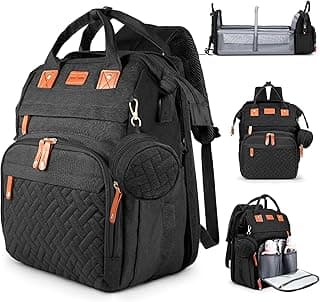 JOYCE Diaper Bag Backpack with Changing Station, Fold-Out Bassinet & Sunshade, 25L Large Capacity, 19 Pockets, Waterproof 900D Oxford, USB Port, Stroller Straps, Black
