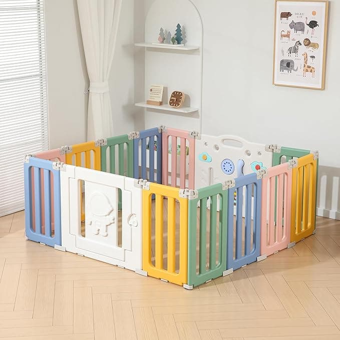 Bestgame Baby Play Pen, Foldable Play Pens for Babies and Toddlers, 14 Panels Extra Large Baby Playpen, Astronauts Portable Baby Fence Gate Playpen Play Yard - Colorful