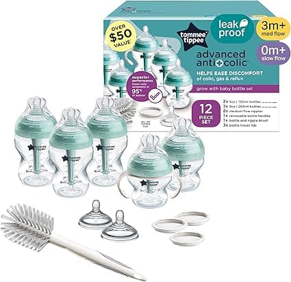Tommee Tippee Advanced Anti-Colic 12 Piece Set, 5 oz and 9 oz BPA Free Bottles, Newborn 0+ months, Includes Slow & Medium-Flow Breast-Like Nipples and Bottle Handles and Cleaning Brush