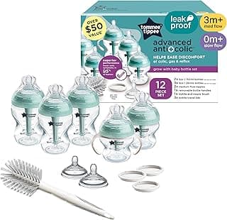 Tommee Tippee Advanced Anti-Colic 12 Piece Set, 5 oz and 9 oz BPA Free Bottles, Newborn 0+ months, Includes Slow & Medium-Flow Breast-Like Nipples and Bottle Handles and Cleaning Brush