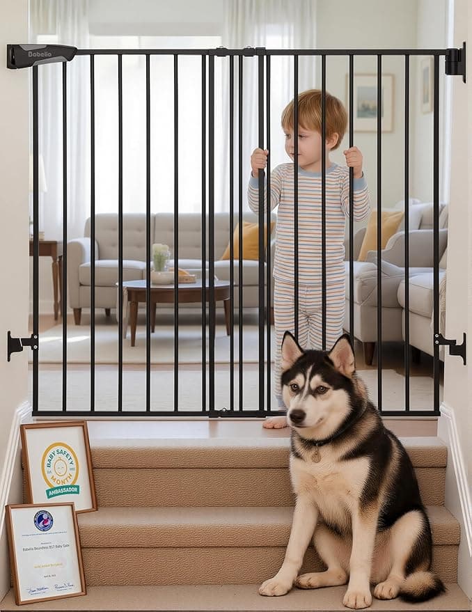 Babelio 34" Extra Tall Baby/Dog Gate with No Threshold Design Walk Thru Door, 26-43" Auto Close Safety Gate for Babies, Elders and Pets, Fits Doorways, Stairs, and Entryways, Black