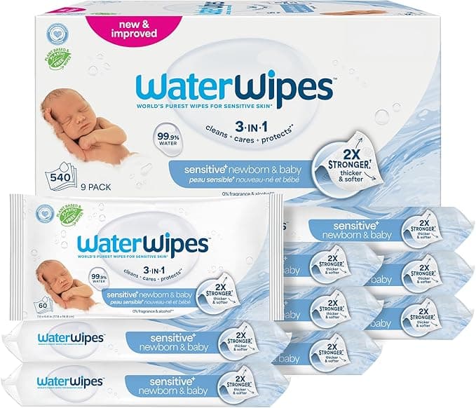 WaterWipes Sensitive+ Newborn & Baby Wipes, 3-In-1 Cleans, Cares, Protects, 99.9% Water, Unscented & Hypoallergenic, 540 Count (9 Packs)