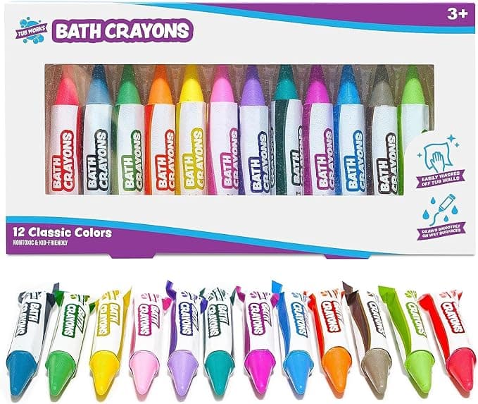Tub Works® Bath Crayons, Bath Toy, Pack of 12 | Non-Toxic and Washable Bath Pencils for Kids | Draw on Wet and Dry Tub Walls | Hexagonal Shape