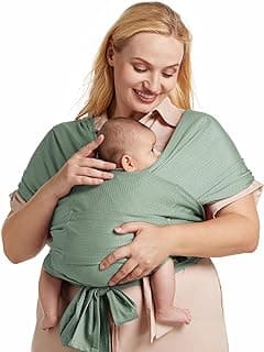 Momcozy Baby Wrap Carrier Cooling Air-Mesh, Easy to Wear Hands Free Baby Carrier Sling, Baby Carriers Newborn to Toddler 8-35lbs, Adjustable Buckle Suit for Waist 47-57inch, Plus Size Gray Green