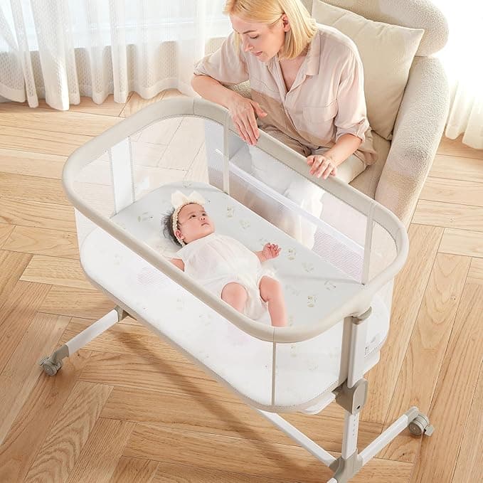 Fodoss Baby Bassinet - All Mesh Bedside Bassinet with Wheels, 7 Height Adjustable for Infants, Beige