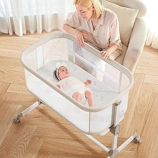 Fodoss Baby Bassinet - All Mesh Bedside Bassinet with Wheels, 7 Height Adjustable for Infants, Beige
