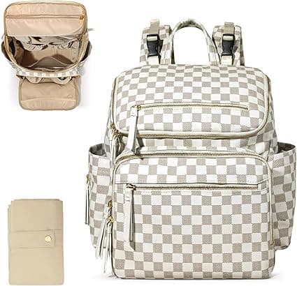 Omanmoli Checkered Diaper Bag Backpack Large Baby Diaper Bag Leather with 17 Diaper Bag Organizing Pouches,Changing Pad,Stroller Straps,4 Insulated Pockets,Beige&Honey