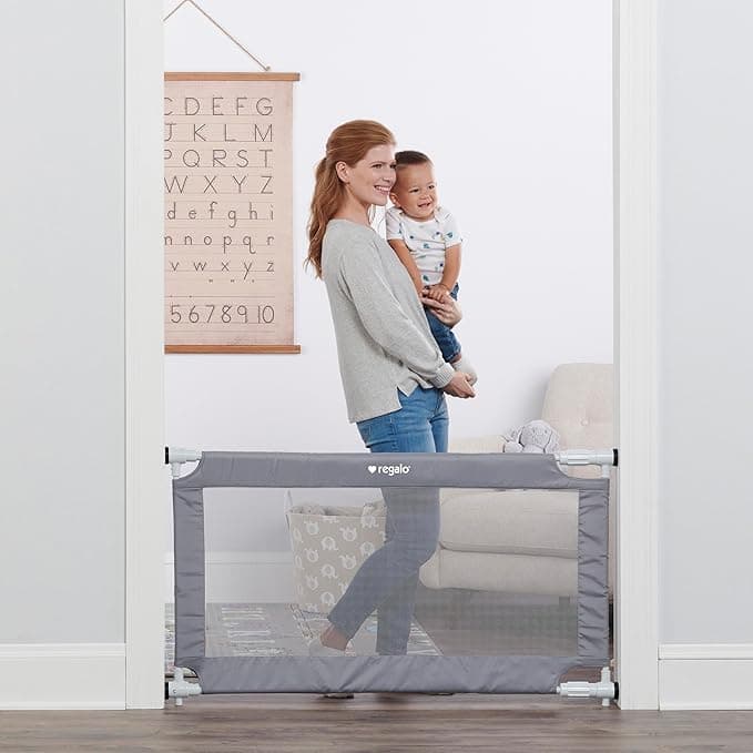 Regalo 50" Extra Wide Gray Expandable Mesh Gate, Pressure Mounted, Includes Rubber Bumpers to Protect Walls