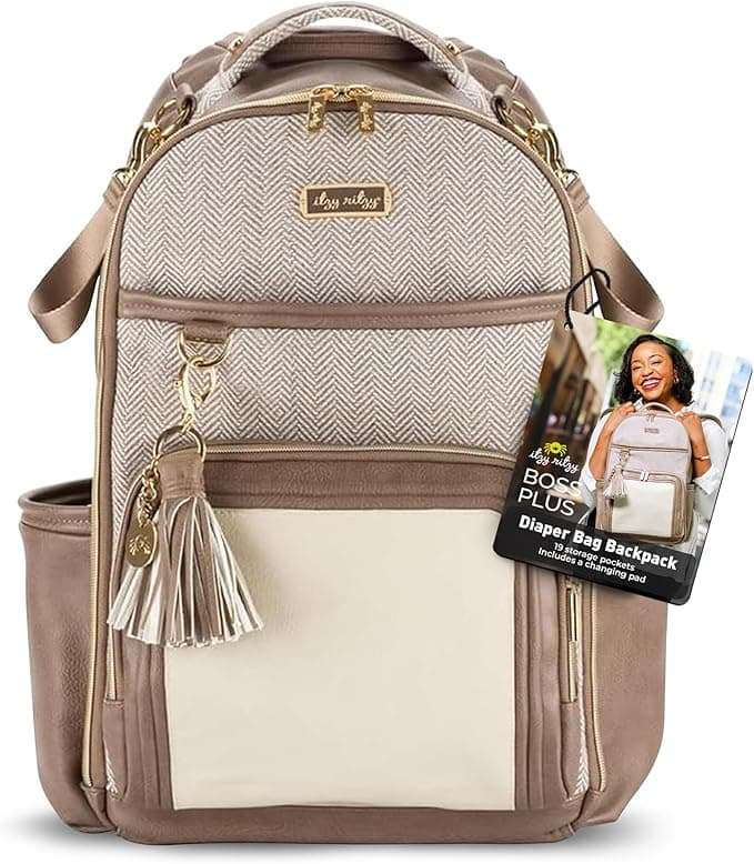 Itzy Ritzy Diaper Bag Backpack – Large Capacity Boss Plus Baby Backpack Diaper Bag Featuring 19 Pockets, Changing Pad, Stroller Clips, and Comfortable Backpack Straps, Vanilla Latte