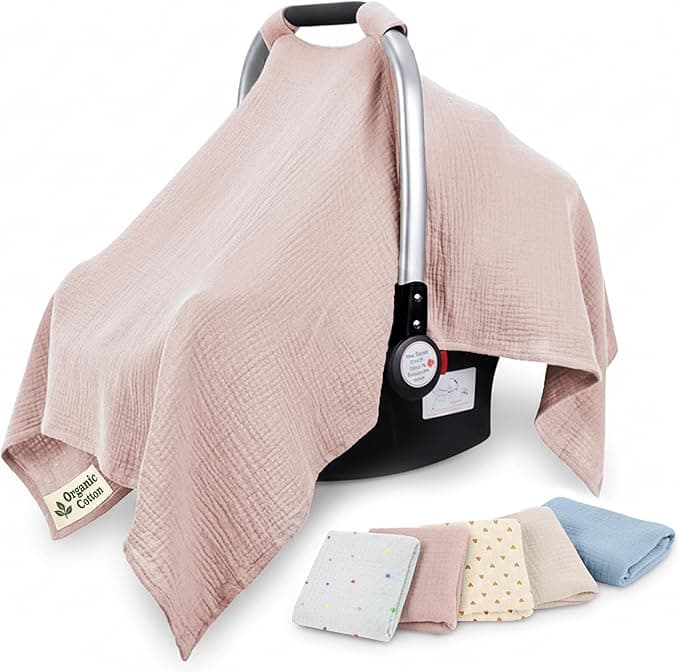 100% Organic Cotton Car Seat Cover 90 x 126 CM Soft Touch with Breathable Canopy Protective Car Seat Cover Baby for All Seasons Lightweight Seat Cover for Infant Travel Comfort (Pink)