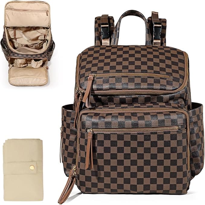 Omanmoli Checkered Diaper Bag Backpack Large Baby Diaper Bag Leather with 17 Diaper Bag Organizing Pouches,Changing Pad,Stroller Straps,4 Insulated Pockets, Coffee