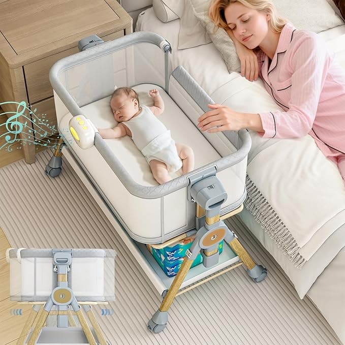 Bassinet Bedside Sleeper, Rocking Baby Bassinet for Newborn, Portable Bedside Crib with Wheels, 6 Adjustable Heights, Breathable Mesh, Waterproof Mattress, Moisés para Bebé, Co-Sleeper Cradle