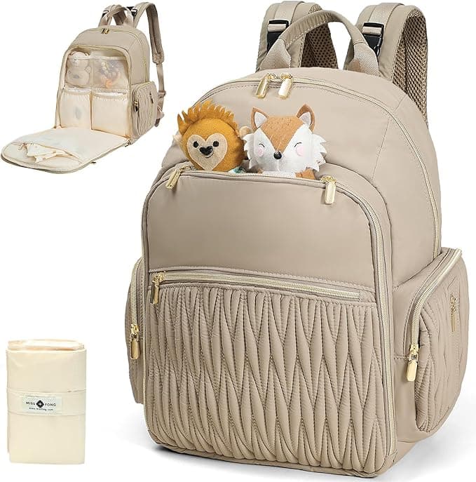 miss fong Diaper Bag Backpack - Baby Diaper Bag with Diaper Changing Pad Quilted Travel Diaper Backpack with 16 Pockets Mommy Bag Large Baby Bag Baby Shower Gifts for Mom & Dad-Khaki