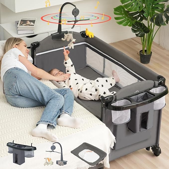 Bedside Bassinet, 5 in 1 Baby Bassinet Bedside Sleeper, Pack and Play with Diaper Changer/Mattress/Music, Bedside Crib with Storage, Baby Crib from Newborn to Toddler(Grey)