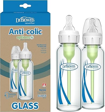 Dr. Brown’s Natural Flow Anti-Colic Options+ Narrow Glass Baby Bottles, 8oz, 2-Pack