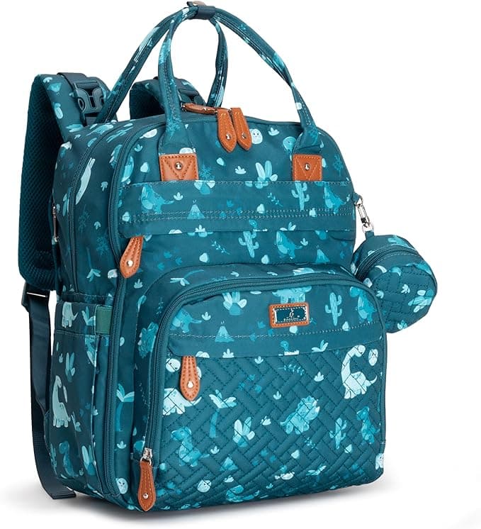 BabbleRoo Diaper Bag Backpack - Baby Essentials, Travel Essentials Baby Bag with Changing Pad, Stroller Straps & Pacifier Case - Unisex, Dino