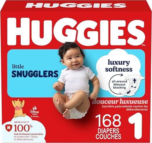 HUGGIES Little Snugglers Baby Diapers, Size 1, 168 Ct | Blowout Protection, Leakproof, Soft, Breathable, FastAbsorb, Fits 8-14 Lbs