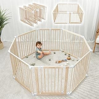 Comfy Cubs Baby Playpen & Gate - 144 x 144 x 63 cm, Extends Up to 579 cm - Pine Wood Foldable Playpen with Child-Proof Lock - Safe Play Fence Easy Assembly Baby Play Yard - Light Wood White