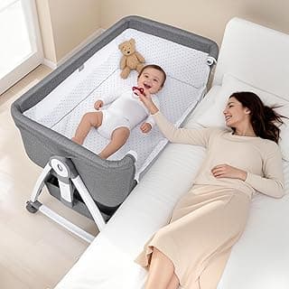 Bedside Bassinet for Baby, 3-in-1 Bedside Sleeper for Newborns, 6-Level Height Adjustable Bassinet with Breathable Mesh, Soft Mattress, Lockable Wheels & Large Storage Basket
