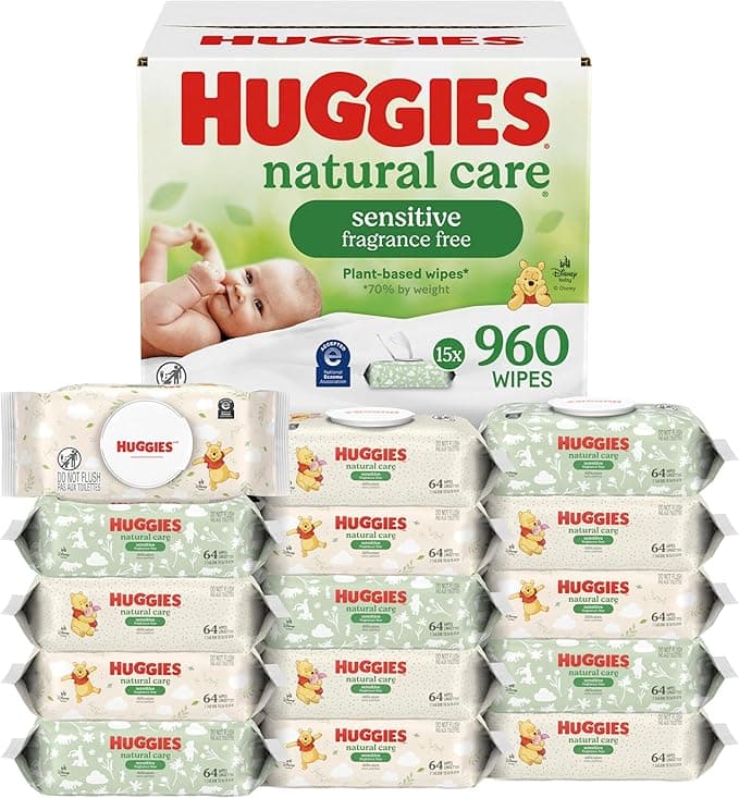 Huggies Natural Care Sensitive Baby Wipes, Unscented, Hypoallergenic, 99% Purified Water, 15 Flip-Top Packs (960 Wipes Total)