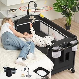 Bedside Bassinet, 5 in 1 Baby Bassinet Bedside Sleeper, Pack and Play with Diaper Changer/Mattress/Music, Bedside Crib with Storage, Baby Crib from Newborn to Toddler(Black)