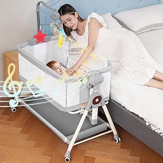 Baby Bassinet, 3 in 1 Bassinets Bedside Sleeper with Musical Toys, Rocking Bassinet for Baby with Storage Basket and Wheels, Adjustable Bedside Crib for Newborn (Grey)