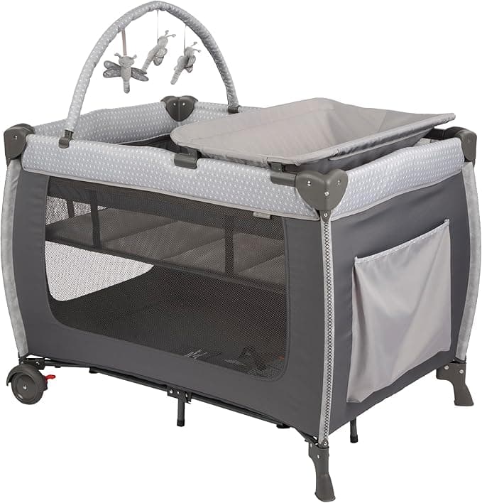 Safety 1st Amherst Baby Playard – 3-in-1 Travel-Ready Playard, Bassinet & Changer with Storage, Toy Bar – for Newborn to Toddler – Stardust